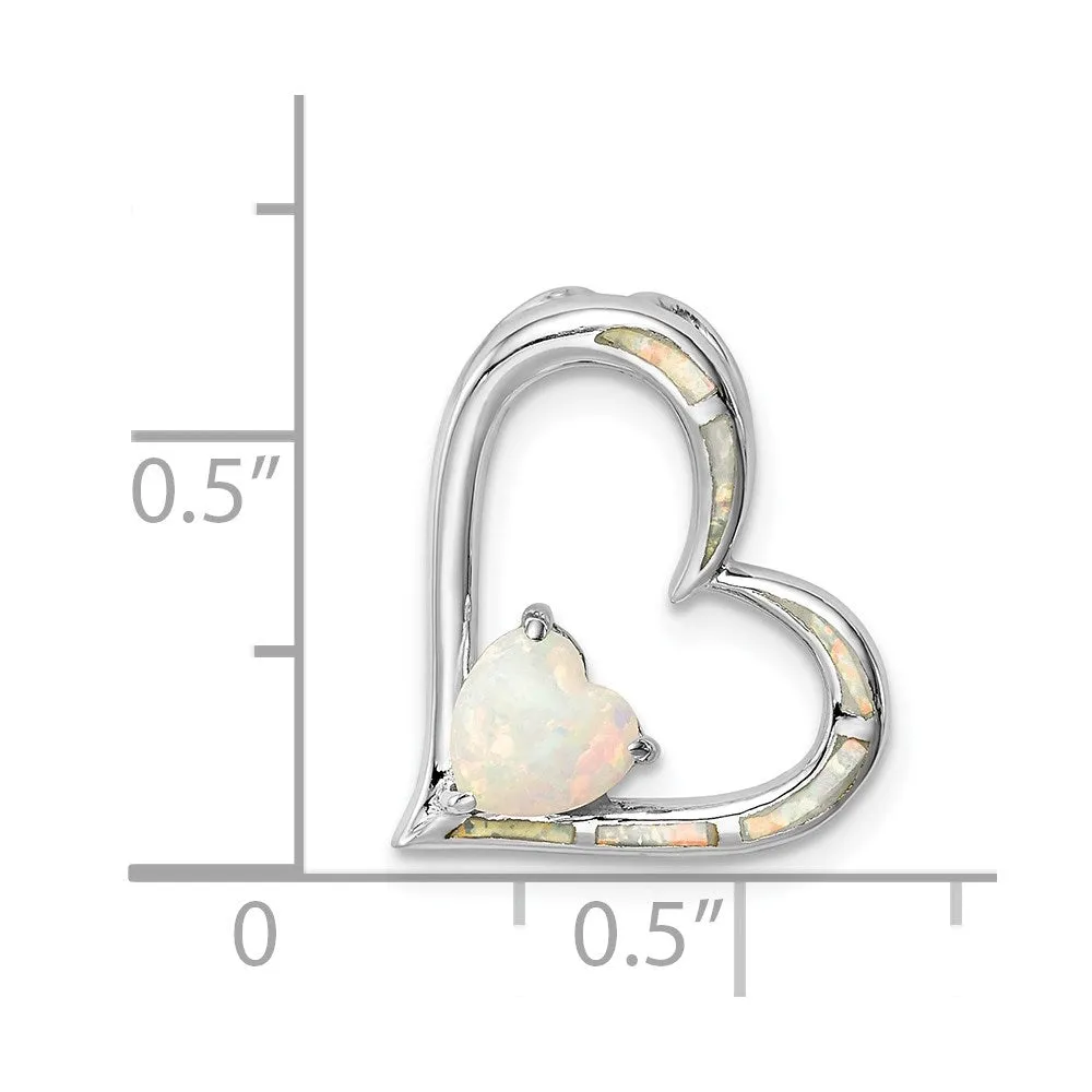 Sterling Silver Rhodium-plated Created Opal Heart Chain Slide